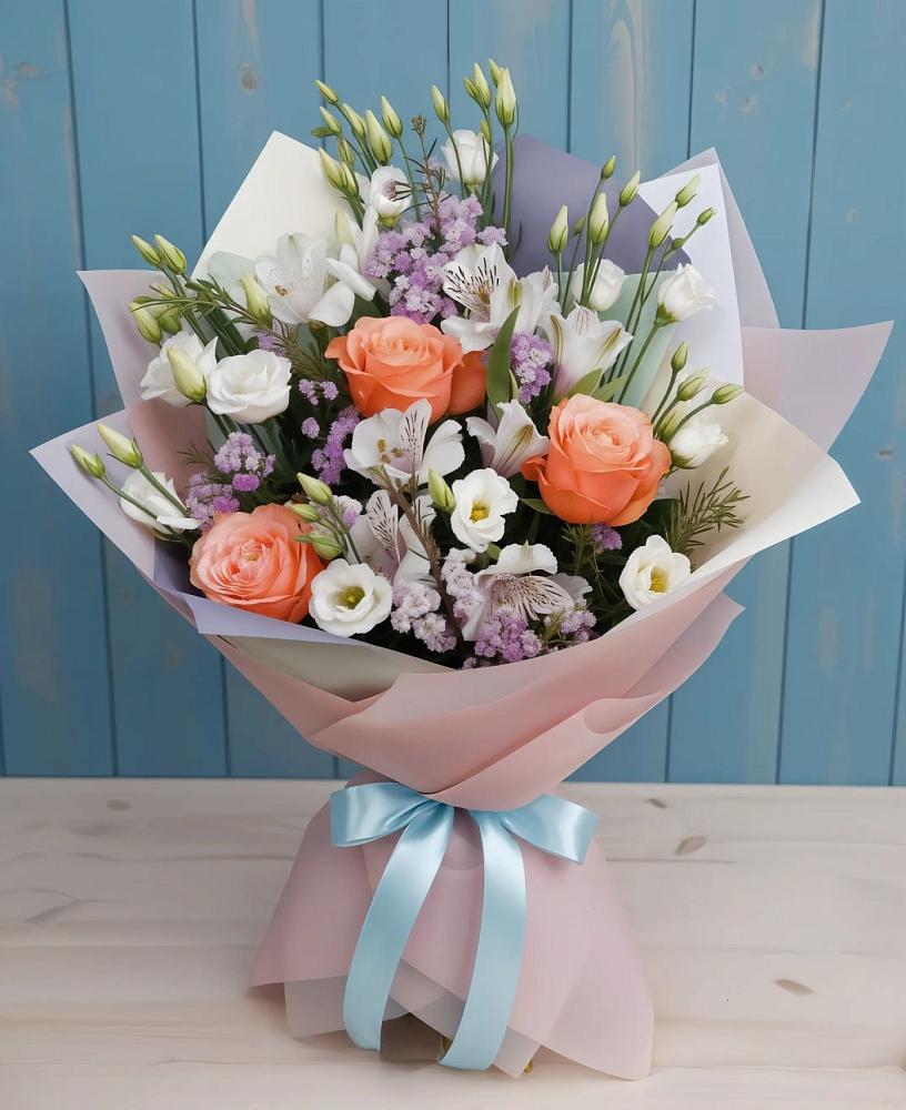 Букет цветов из: Лизиантусы, Розы, Альстромерии и Гипсофила в Татарске