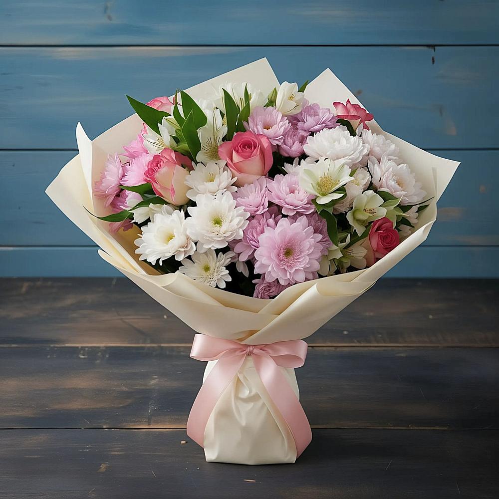 Букет цветов из: Хризантемы, Альстромерии и Розы в Татарске